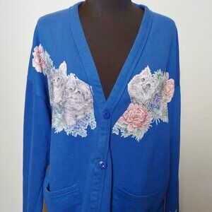 Cat Cardigan Cobalt Blue Kitschy Grandma Button up
